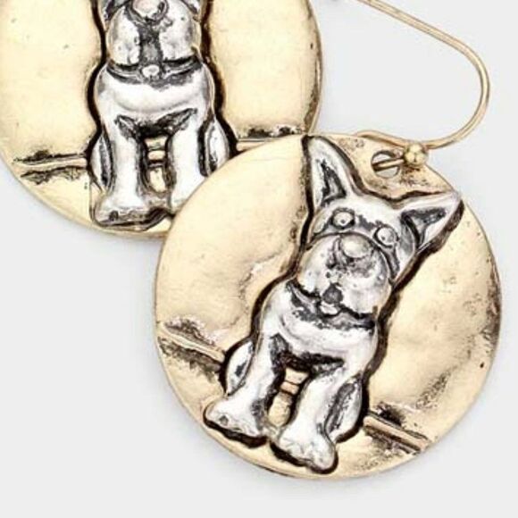Bulldog Accented Two Tone Metal Round Dangle Earrings - Picture 2 of 6